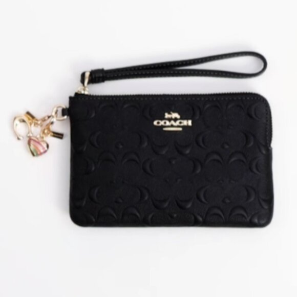 Coach Black Embossed Leather Corner Zip Wristlet Boxed 2 Charms in gift box NWT - Picture 3 of 9